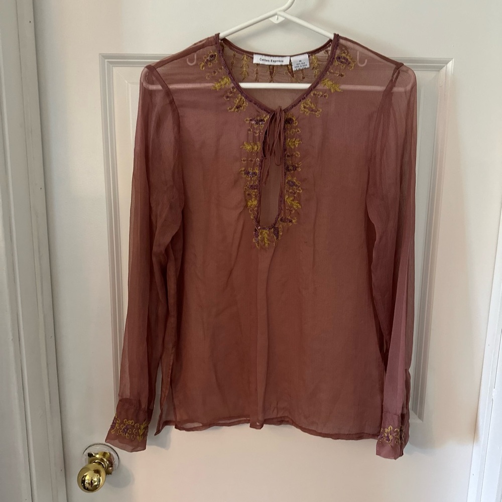 Cotton Express Pink Ruffled Tie Front Long Sleeve Blouse